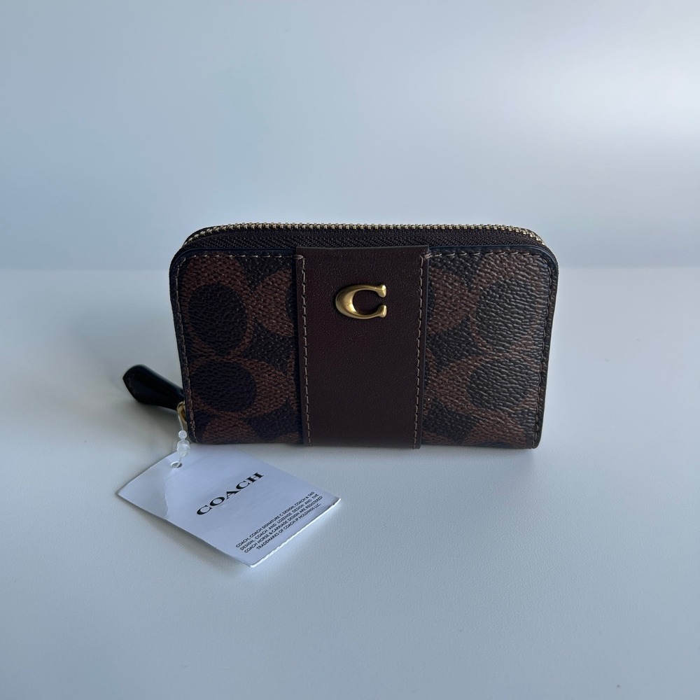 Coach Essential Small Zip Card Case Maple Signature Canvas CR552